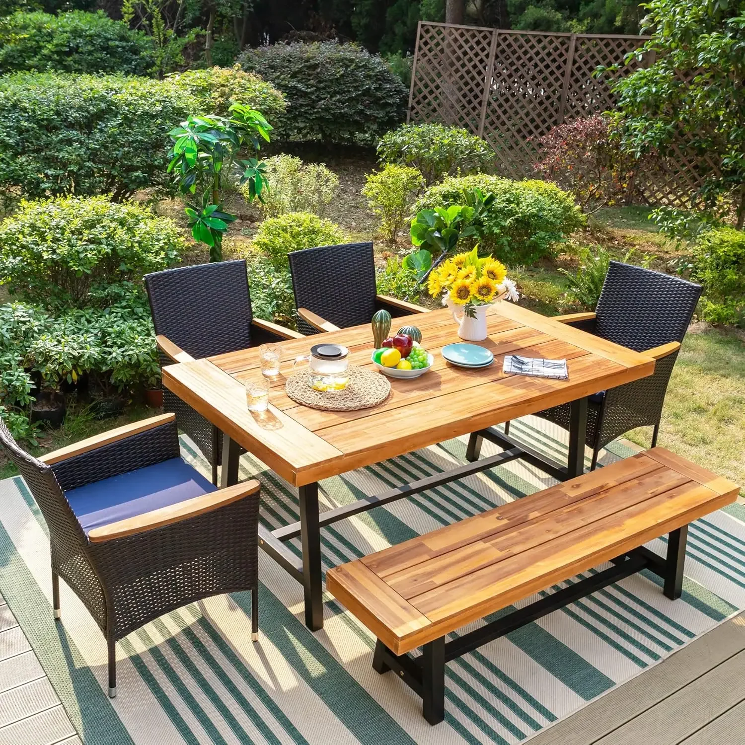 6 Pieces Patio Dining Furniture for 6 People, 4 Pcs PE Rattan Chairs, Acacia Wood Table & One Backless Bench, Outdoor Dining Set