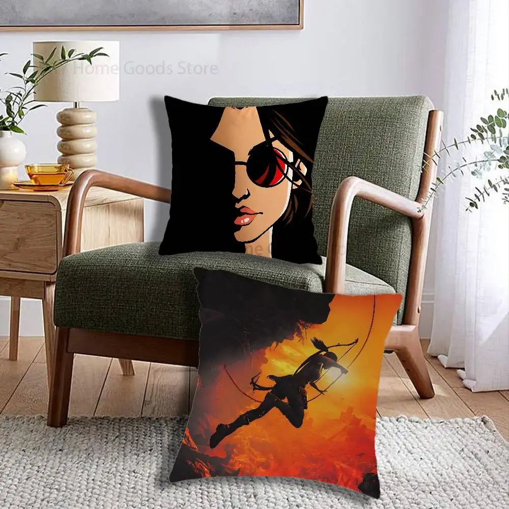 Game Figure L-Lara Croft Cute Print Throw Pillow Cover Square Cushion Case for Living Room Bedroom Decor