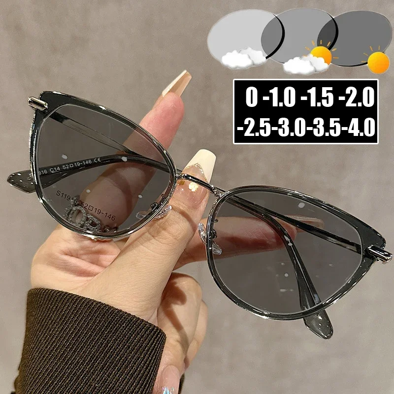 

Trendy Cat Eye Myopia Glasses Unisex Color Changing Ladies Near Sight Eyeglasses Finished Prescription Photochromic Sunglasses