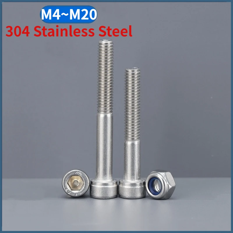 Beicai Part Threaded Cap Screws Hex Socket Allen Bolts With Nyloc Nylon Insert Locking Nuts A2 Stainless Steel M4 - M20