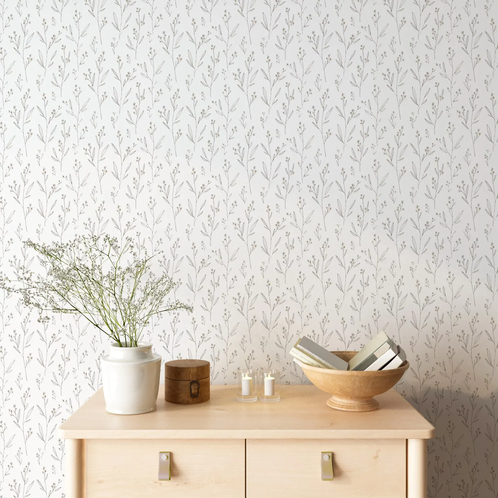 Minimal Floral Wallpaper. Beige Color Peel and Stick Wall Mural For Home Decoration.Wallpaper Home DécoMultiple Colors Available