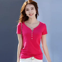 New Women Cotton T-shirt Summer Fashion Button V-Neck Short Sleeve Slim Tees Tops Simplicity Solid Color Basic T-shirt Rose