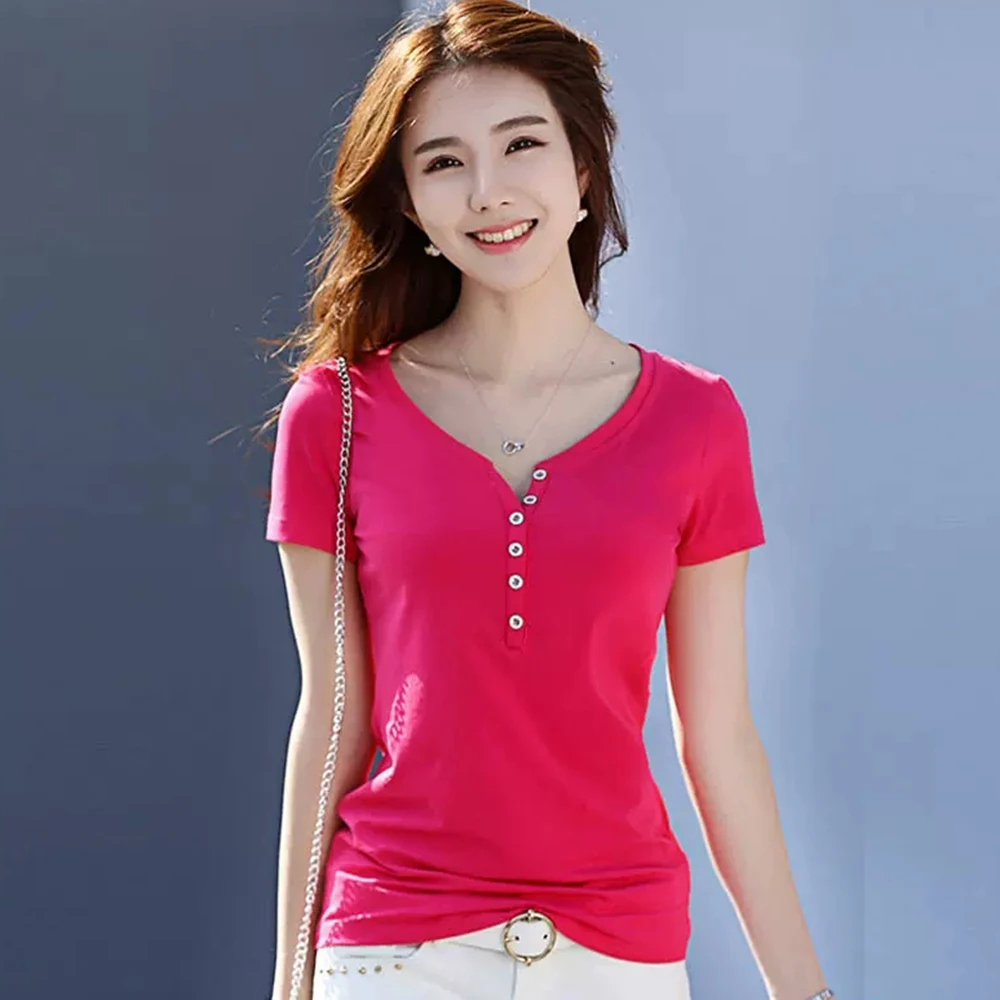New Women Cotton T-shirt Summer Fashion Button V-Neck Short Sleeve Slim Tees Tops Simplicity Solid Color Basic T-shirt Rose