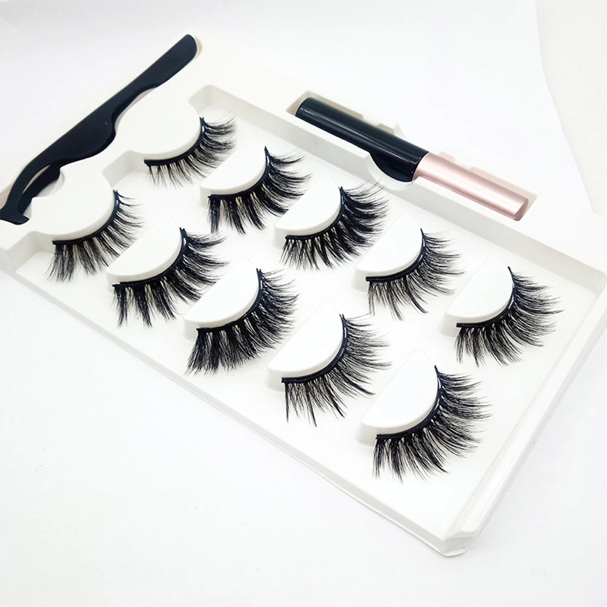 5 Pairs of Lashes Long-lasting Magnetic 3D Lashes and Eyeliner Cat Eye Magnetic Eyelash Set with Tweezers and Magic Eyeliner-F