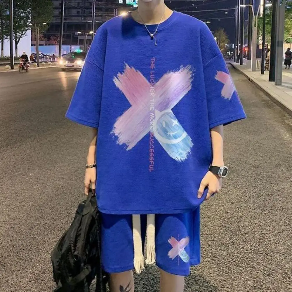 M-5XL Men Print Half Sleeve Harajuku Casual T-shirt Set Graffiti Streetwear Oversize Male Hip Hop Tees Top Suit