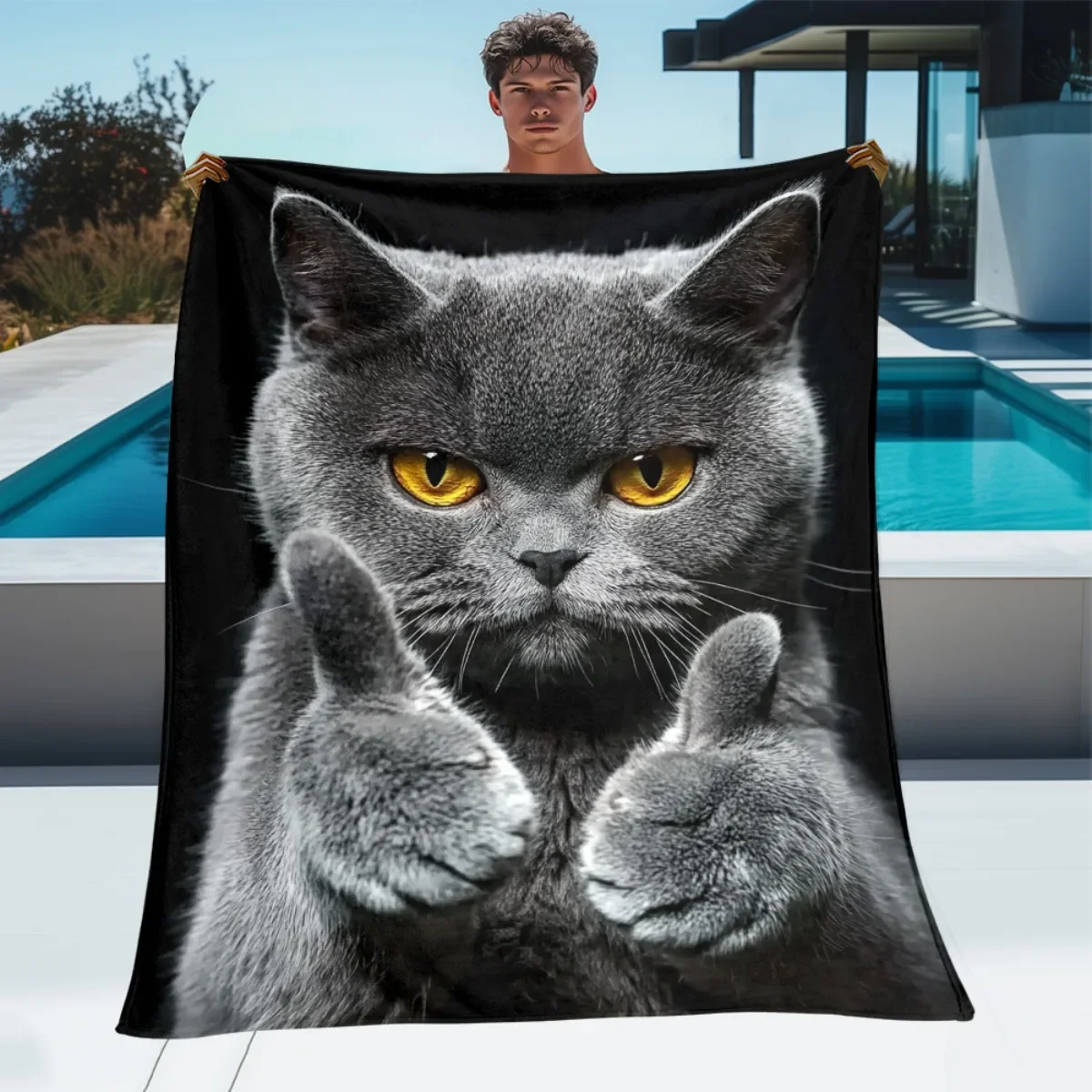 Thin Blanket  Cute British Shorthair Cat Thumbs Up Flannel Throw Blanket Funny Pet Kitten Pattern Soft Warm Blanket Couch Bed