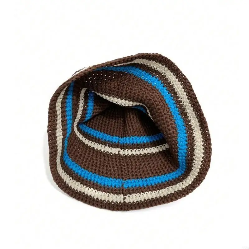 

P88A Ladies Crochet Stripe Pattern Fisherman Hat Wide Brim Bucket Hat Windproof Cap