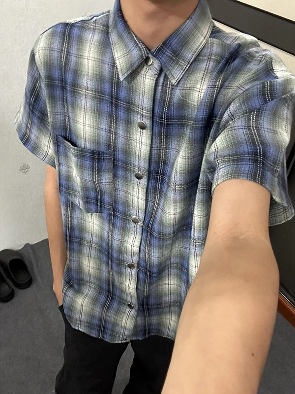 

Blue Plaid Short Sleeve Shirt Men's Summer American Retro Half Sleeve Shirt Cleanfit College Style Checkered Jacket