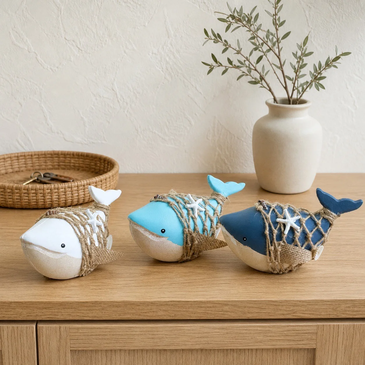Mediterranean Wooden Whale Figurine Rope Net Starfish Ornament Nautical Style Desktop Decor Home Marine Craft Gift