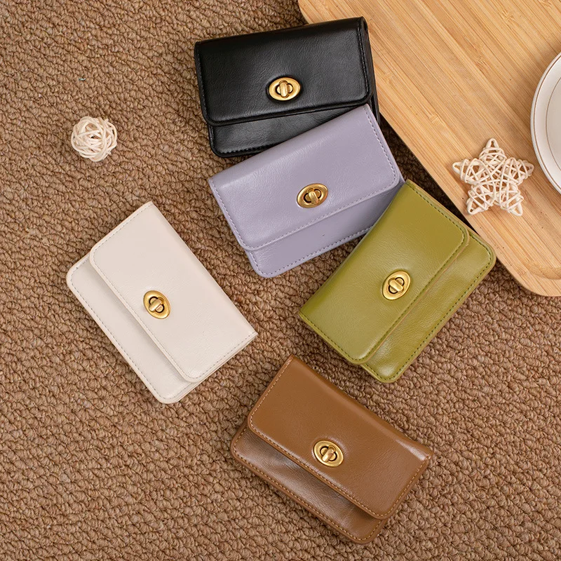 

Retro Genuine Leather Credit Card Holder Luxury Fashion Custom Initials Slim Women Wallet Engrave Letters Lock Flap Mini Purse