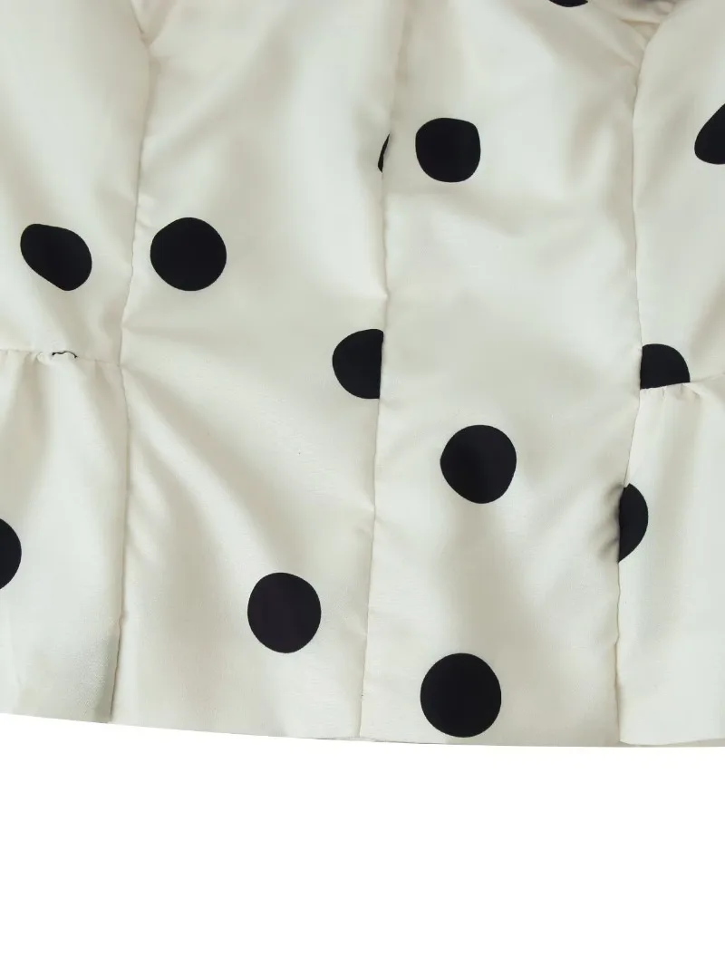 Damen Polka Dot 2-Teiliges Set V-Ausschnitt Rüschen Bustier Crop Top + Ausgestellter A-Linien Midirock Vintage Casual Party-Outfit Sommer-Set – Detail 7