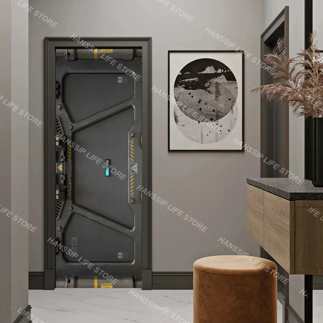 Dark Gray Iron Gate Design Door Wallpaper Peel and Stick Steel Hatch Door Sticker Bedroom Living Room Reform Decoration