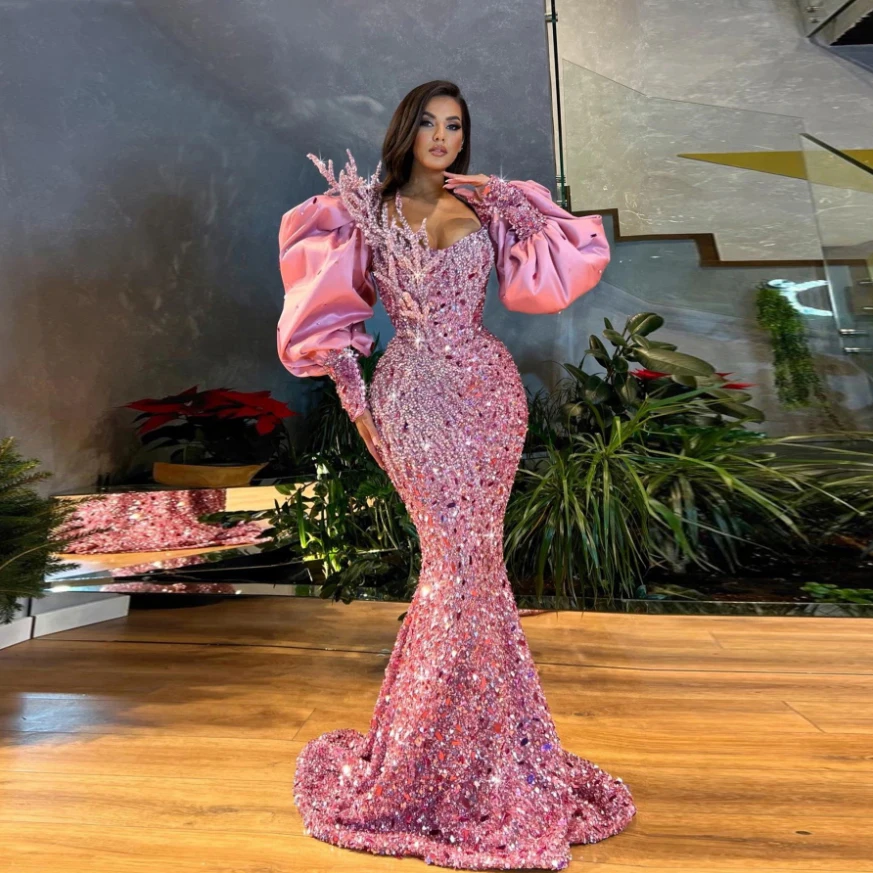 

Women Luxury Evening Dress Pink Sparkly Crystal Sequined Long Sleeve Bling Beads Floor Length Scoop Collar Sexy Prom Gowns