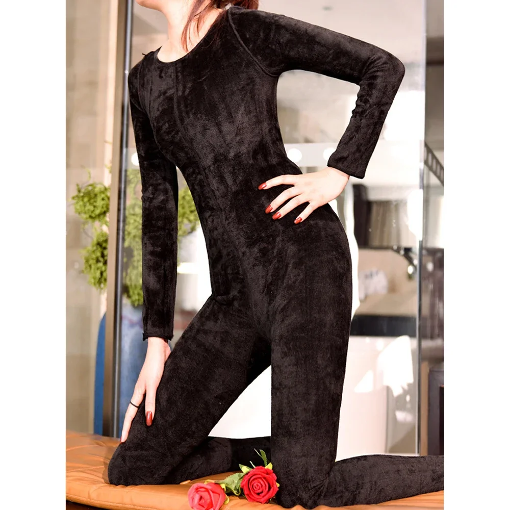 Bodystocking ketat musim dingin ketebalan 2200D Bodysuit ritsleting Bodysuit selangkangan terbuka Lingerie erotis panas seksi satu potong Bodycon tubuh Jumpsuit