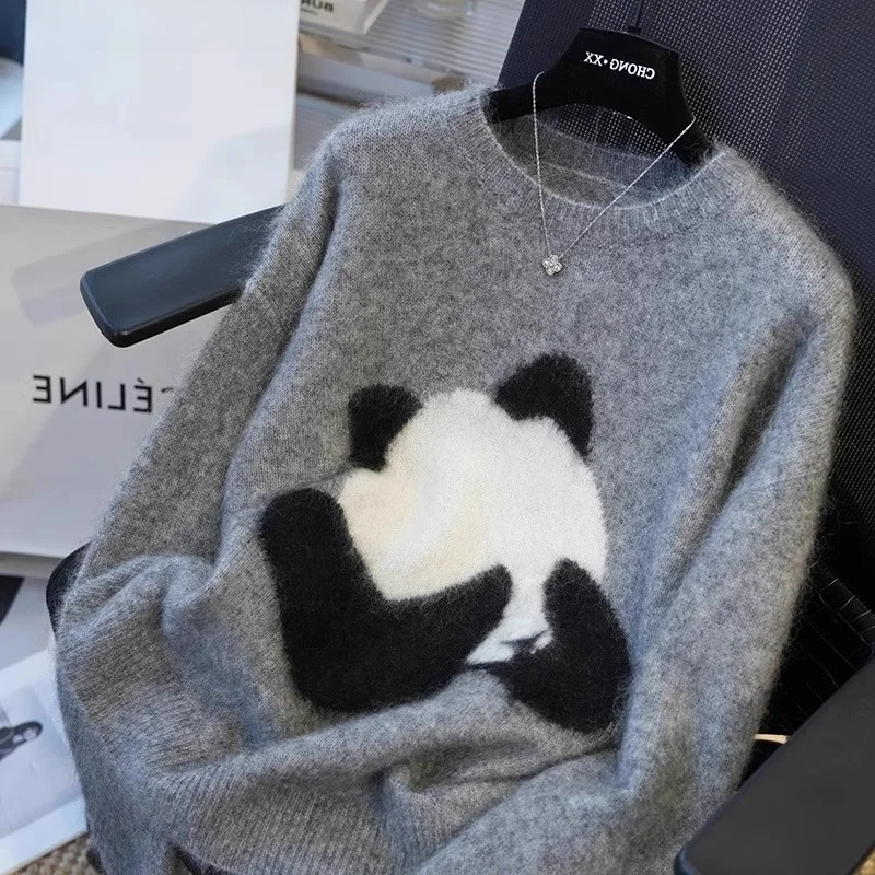 

Ladies' Lazy Cartoon Panda Embroidered Camere Knitwear Loose Fitting Base Layer Sweater Comfortable round Ne Long Sve