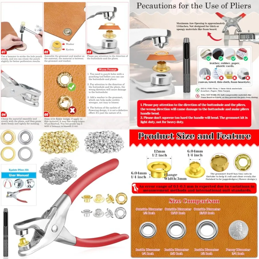 

803Pcs Grommet Eyelet Pliers Kit, 1/4 Inch Grommet Tool Kit with 800 Metal Eyelets, Grommet Hand Press kit for Leather Crafts(Inside Dia: 6.4mm/Outer Dia: 12mm (A.I.S.)/Flange Width: ~3mm)