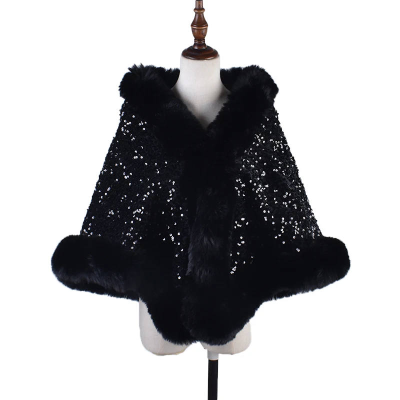 Sequin plush shawl for women\'s gatherings, warm scarf, versatile fur collar jacket, plush thickening, versatile fur cape shawl