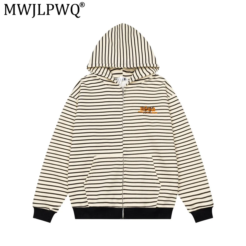 MWJLPWQ American-Style Loose-Fit Striped Hooded Sweatshirt Men's Letter Embroidery Trendy Streetwear Casual Sportswear Top 17625