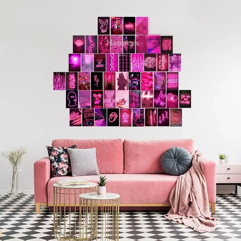 50 home decoration poster collage card set Blue/pink/green/orange neon wall collage poster background wall Photo Gift for Adult