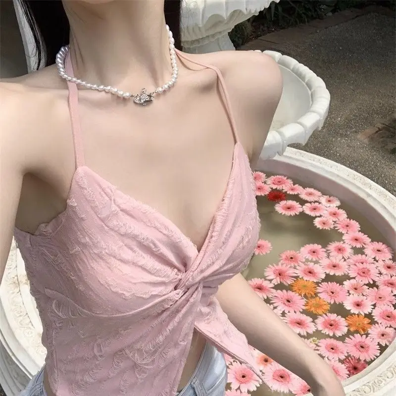 

2025 летняя новая сексуальная короткая майка без бретелек с витым вырезом на подтяжках для женщин