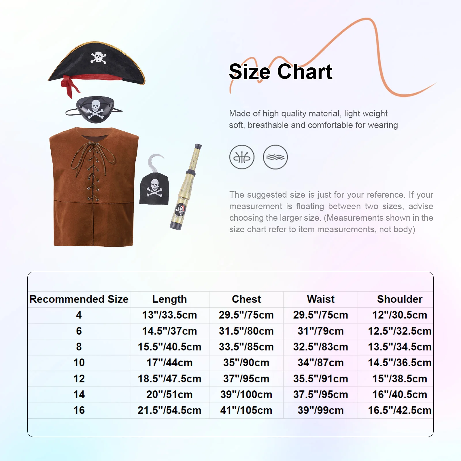 Kids Pirate Costume Set Children Sleeveless Lace-up Front Waistcoat with Hat Blindfold Telescope Hook Halloween Cosplay Dress Up