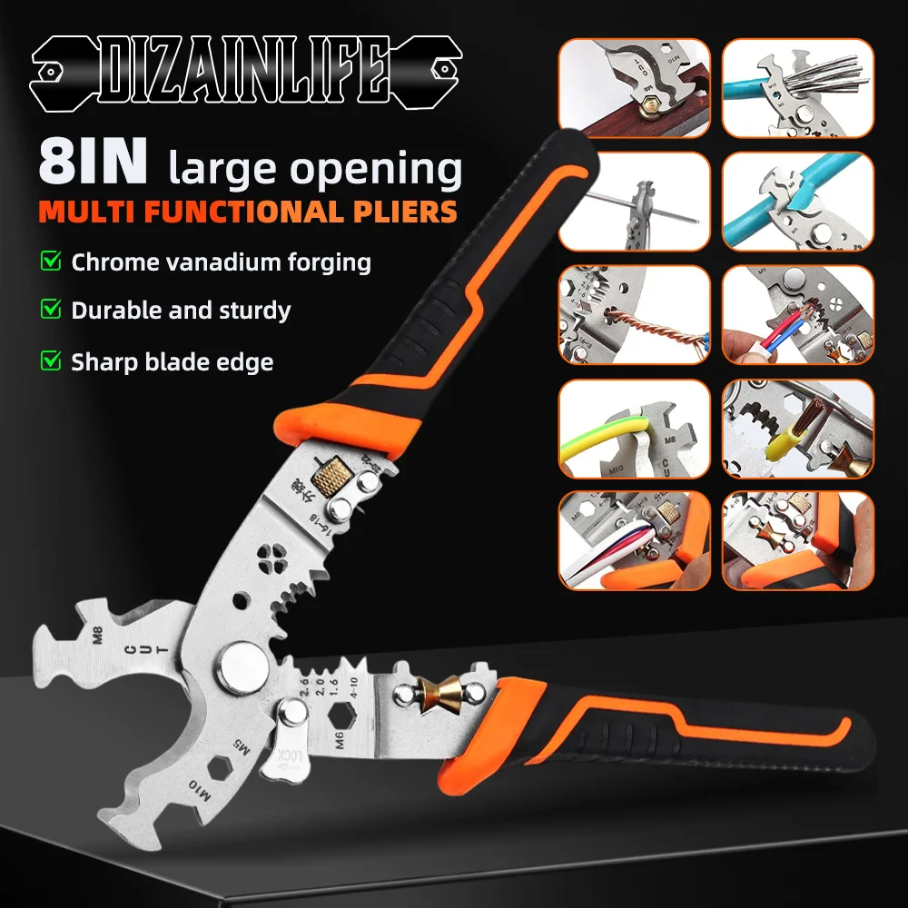 8 In 1 Cable Cutting Wire Stripper 8 Inch Scissor Stripping Pliers Cutter Multifunctional Large Opening Cutting Scissors Tool