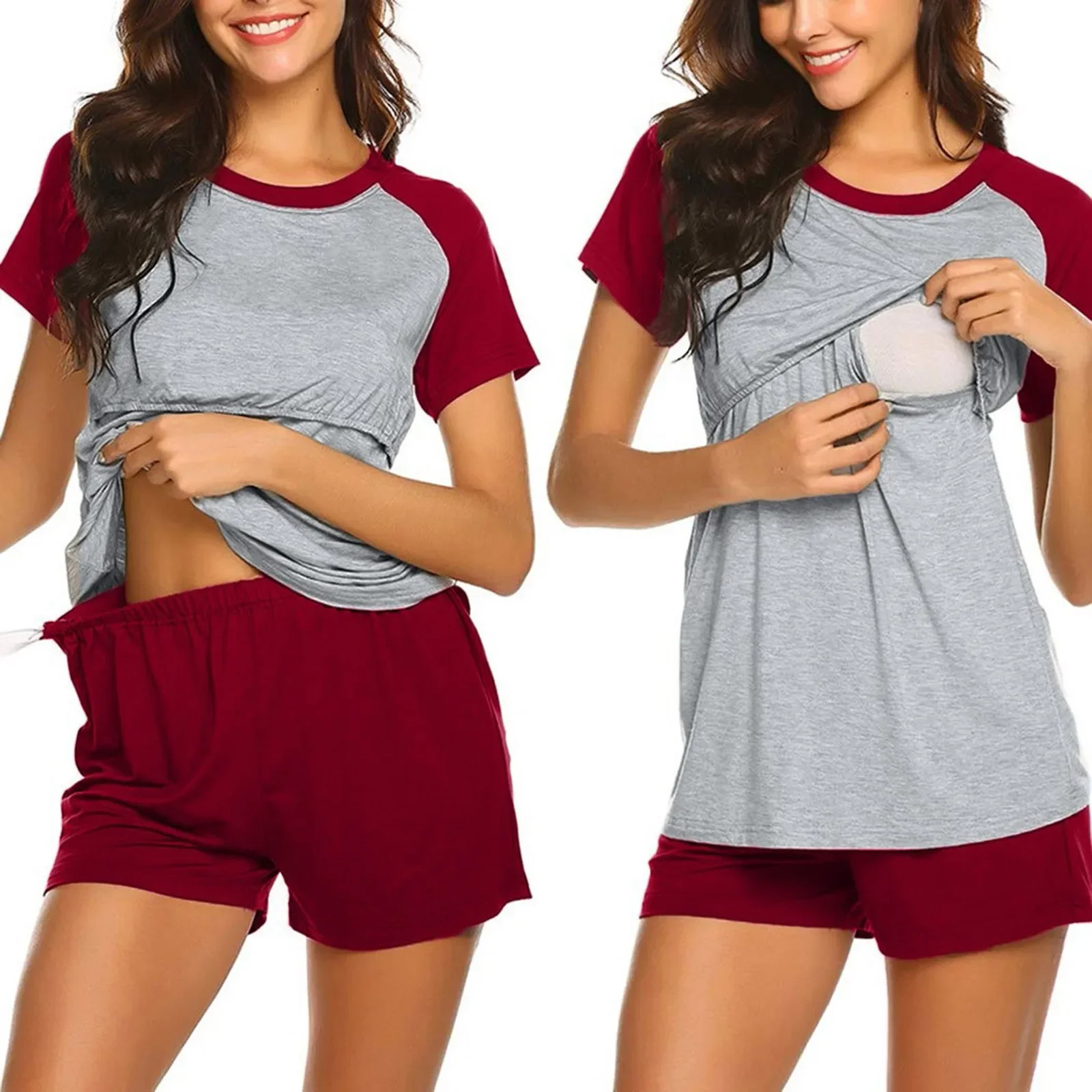 Conjunto de pijama de lactancia para mujer, camiseta informal de manga corta y pantalones cortos, ropa de dormir lisa, 2 unidades