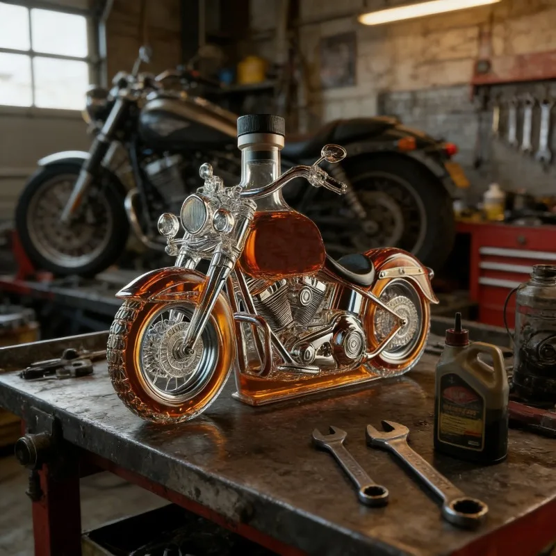 Motorcycle Shaped Glass Whiskey Decanter, Unique Liquor Bottle for Home Bar Decor & Gifting