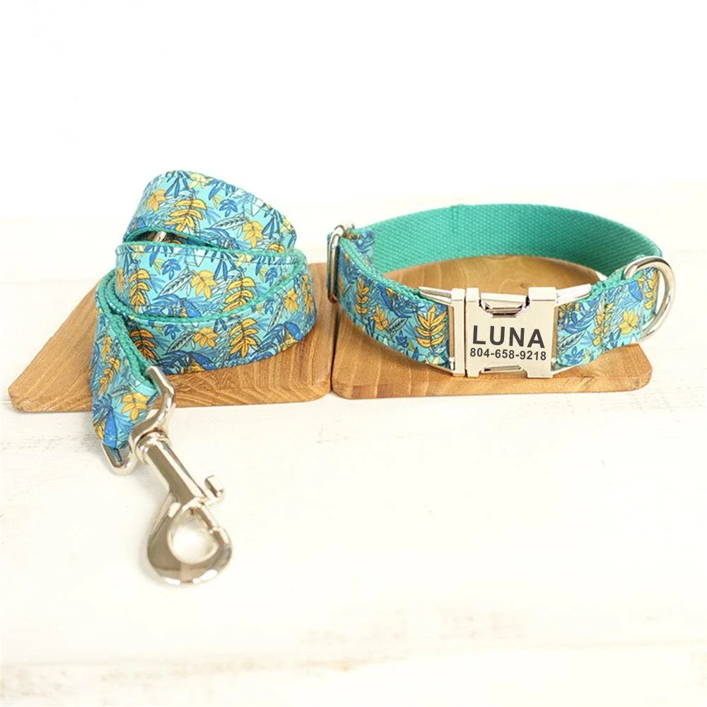 Personalized Dog Collar with Free Engraving, Matching Pet Leash,Customzied Contacts Metal Buckle,Gold Leaf Pet Collar