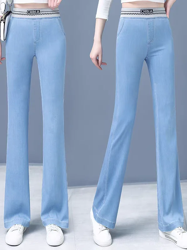 

Женские джинсы из ледяного шелка с высокой талией, прямые, свободного кроя, с эластичным поясом, слегка расклешенные, деним, весна-осень