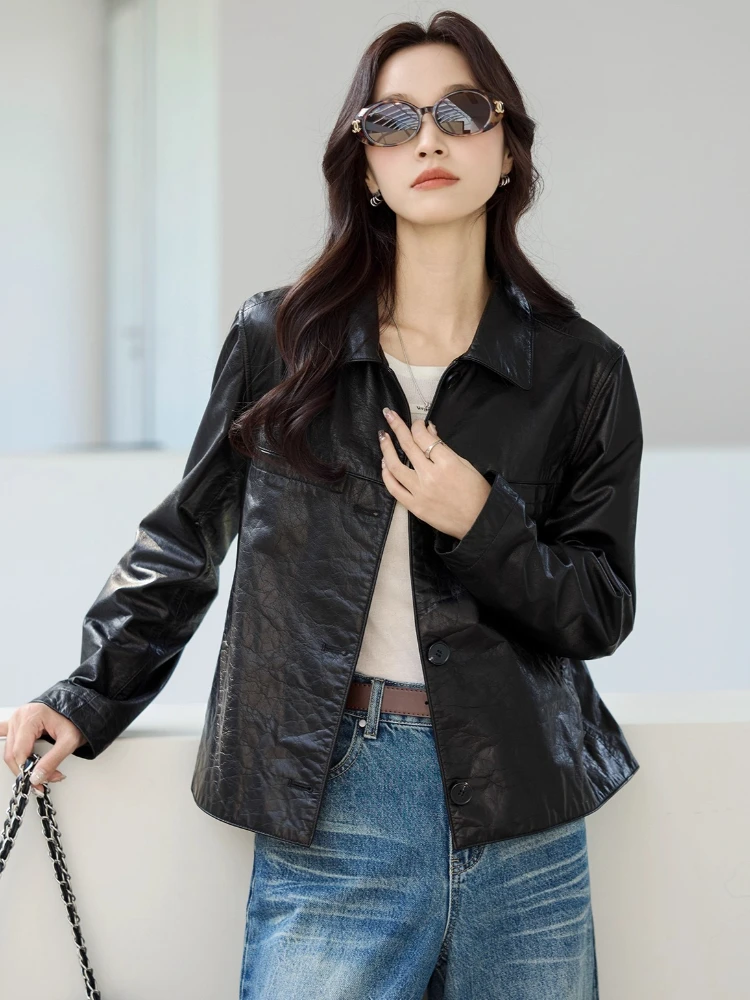 سترات دراجة نارية من الجلد الطبيعي باللون الأسود للنساء لربيع وخريف 2025 معطف جديد عالي الجودة بسيط وبسيط من جلد البقر الحقيقي #2