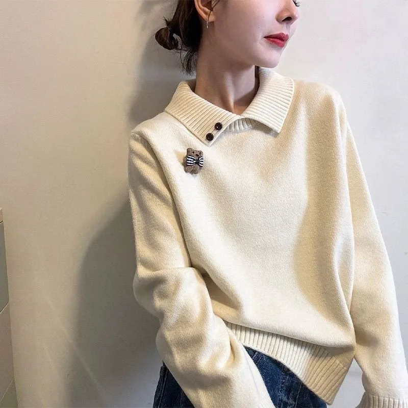 

POLO Collar Cartoon Knitted Women's Autumn and Winter Style Bottoming Shirt Solid Color Pullover Top