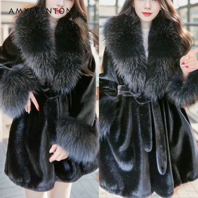 2023 Fall Winter Fashion Warm All-Matching Furry Integrated Faux Fur Coat Imitation Fox Furry Collar Jacket Women\'s Top Jaquetas