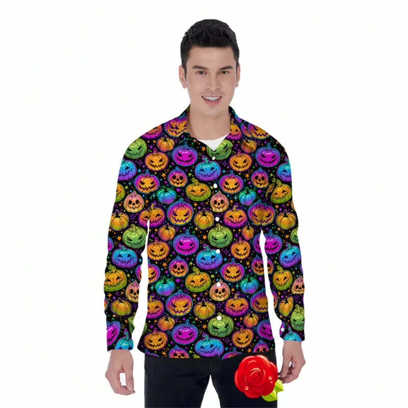 2024 Halloween Pumpkin Graphic Long Sleeve Button Clothing Casual Holiday Party Shirts For Men Clothes Fashion Male Streetwear