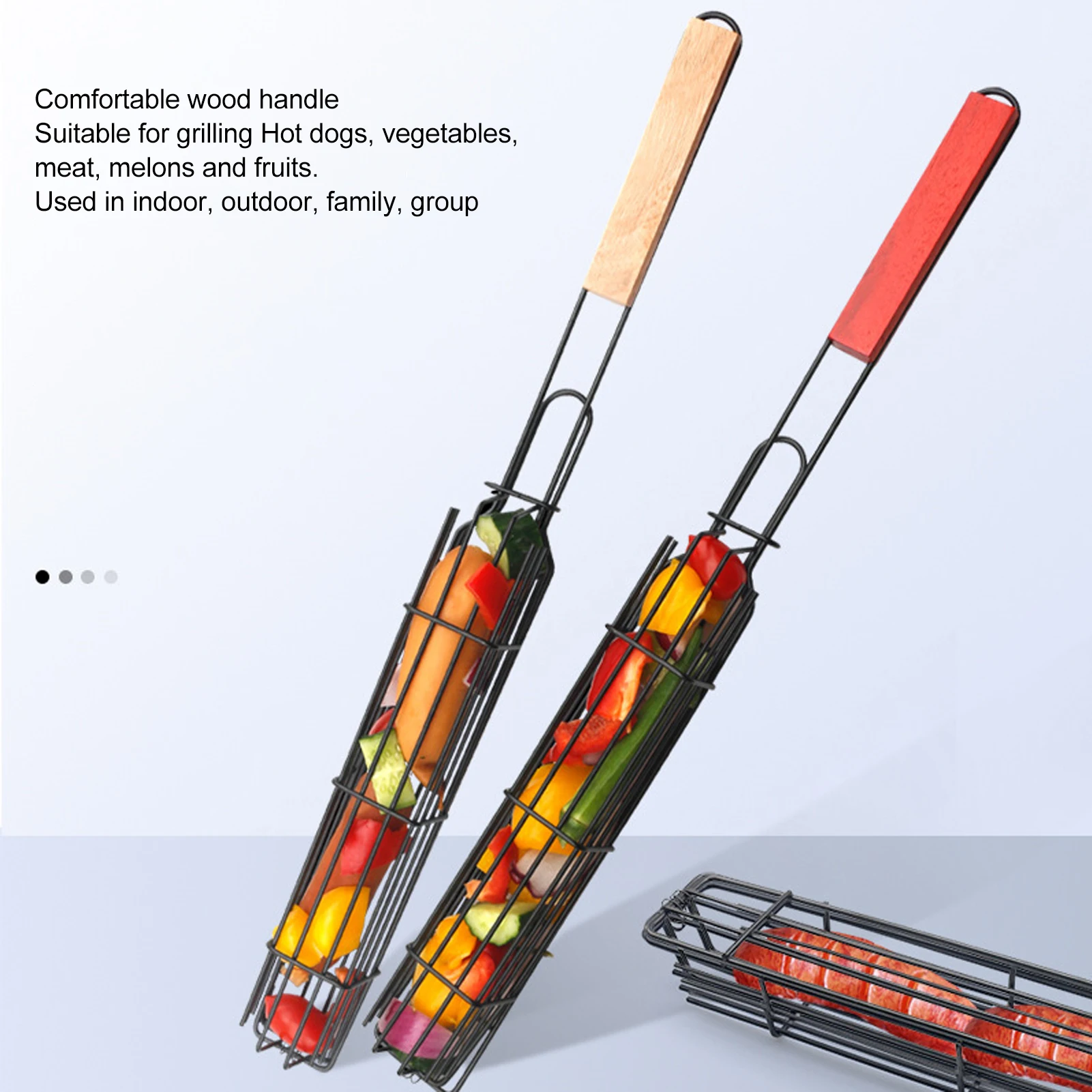 Outdoor BBQ Grilling Grate Portable Non Stick Wood Handle Easy Cleaning Lockable Kebab Grilling Basket for Meat for Camping