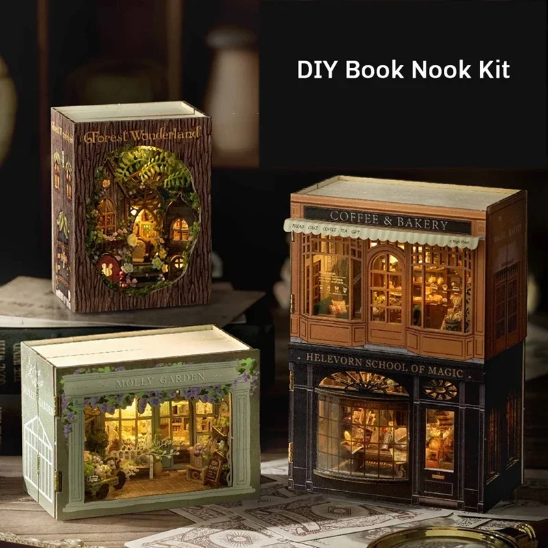 B-M DIY Book Nook Kit مع 3D لغز نموذج بناء رف الكتب الخشبي لعبة غلاف الهالوين عيد الميلاد هدية عيد ميلاد