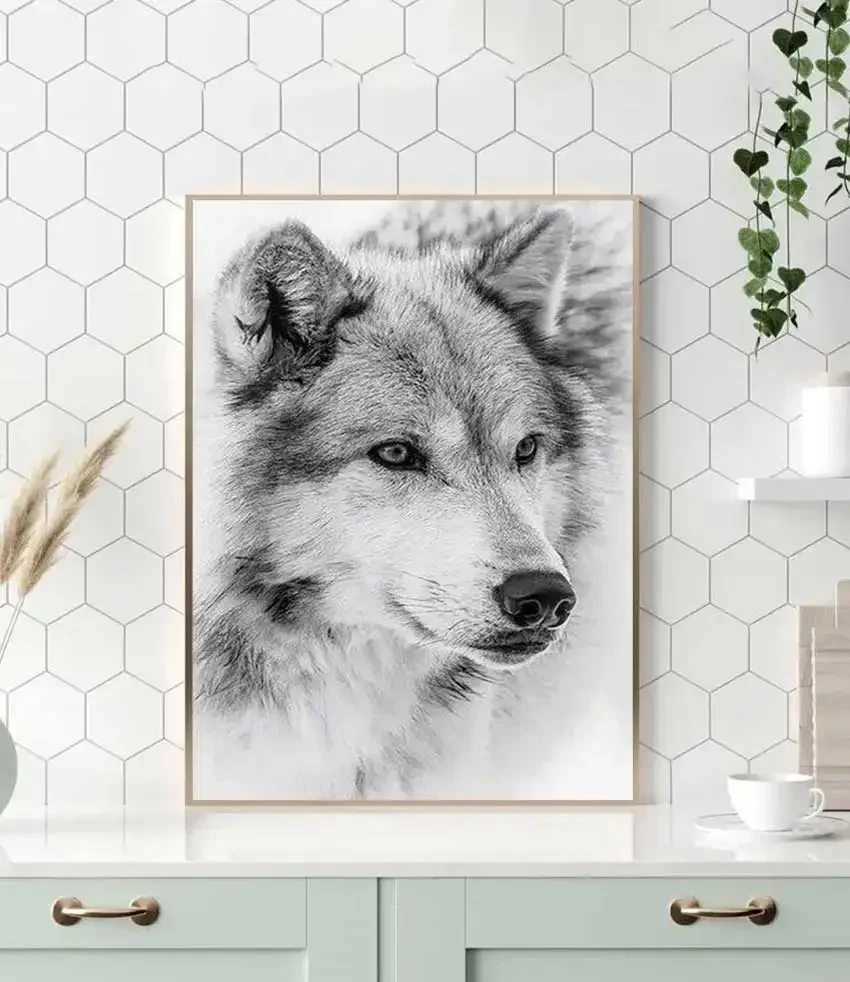 1pc frameless Canvas Painting Black and White Minimalist Wolf Animal Canvas Art Print Poster, Modern Wall Decor for Living Room