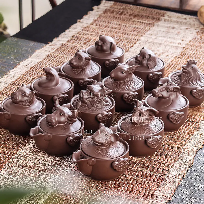 Chinese 12 Zodiac Zisha Handheld Teapot All-in-one Brewing Cup Animal Lid Purple Clay Gongfu Tea Maker With Matching Teacup