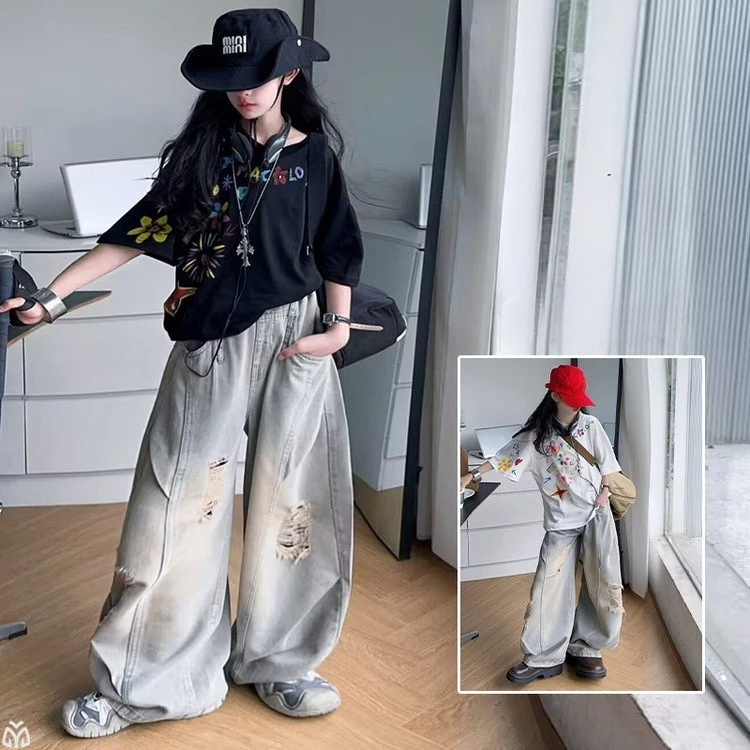 teen girls hole Jeans junior kid cotton flowen t-shirt 4-14 child big Ripped Wide leg pants Casual tops trousers clohtes outfits