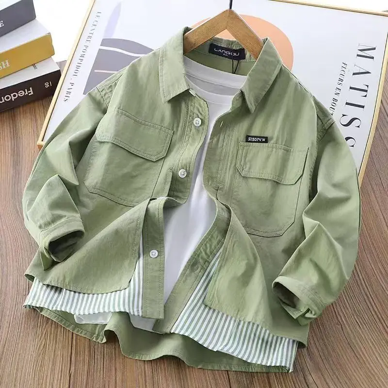 Boys Casual Cotton Shirt Spring Autumn Loose Fit Trendy Button Up Top Streetwear