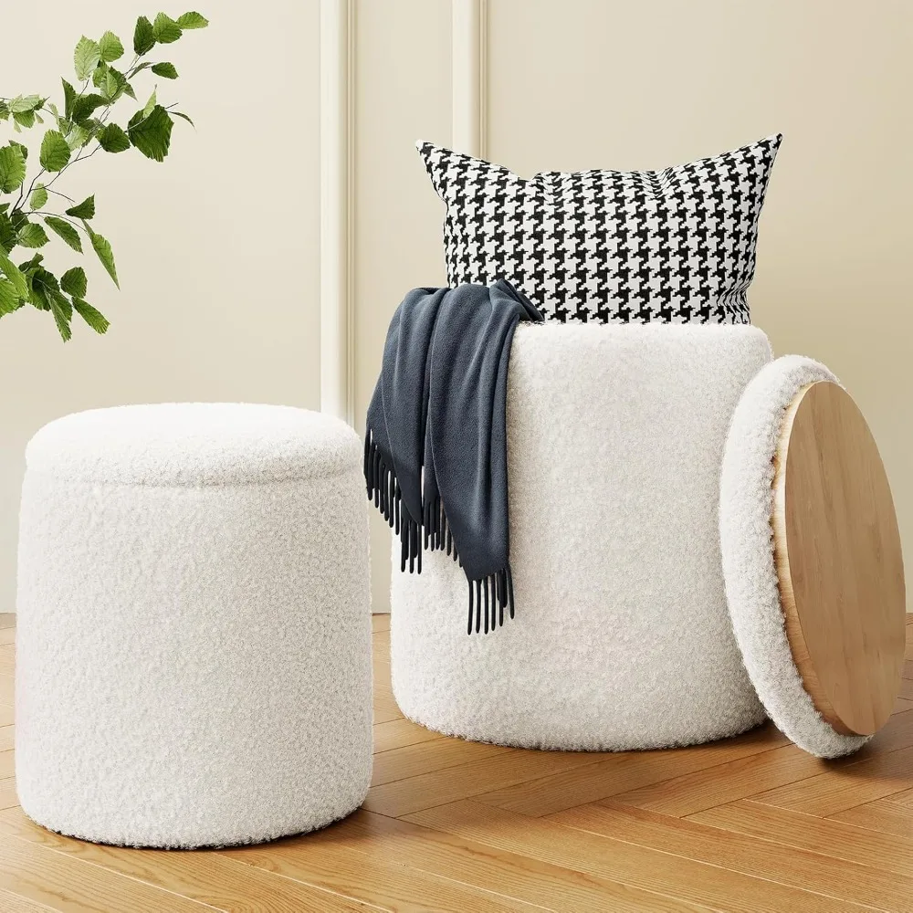

Round Boucle Ottoman with Storage Set of 2, White Ottoman Poufs for Living Room, Sherpa Storage Ottoman Stool, Cute Teddy Foot R