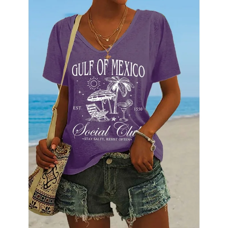 Retro Women's Gulf of Mexico Print T-Shirts Summer Short Sleeve V Neck Tops Hot Tees