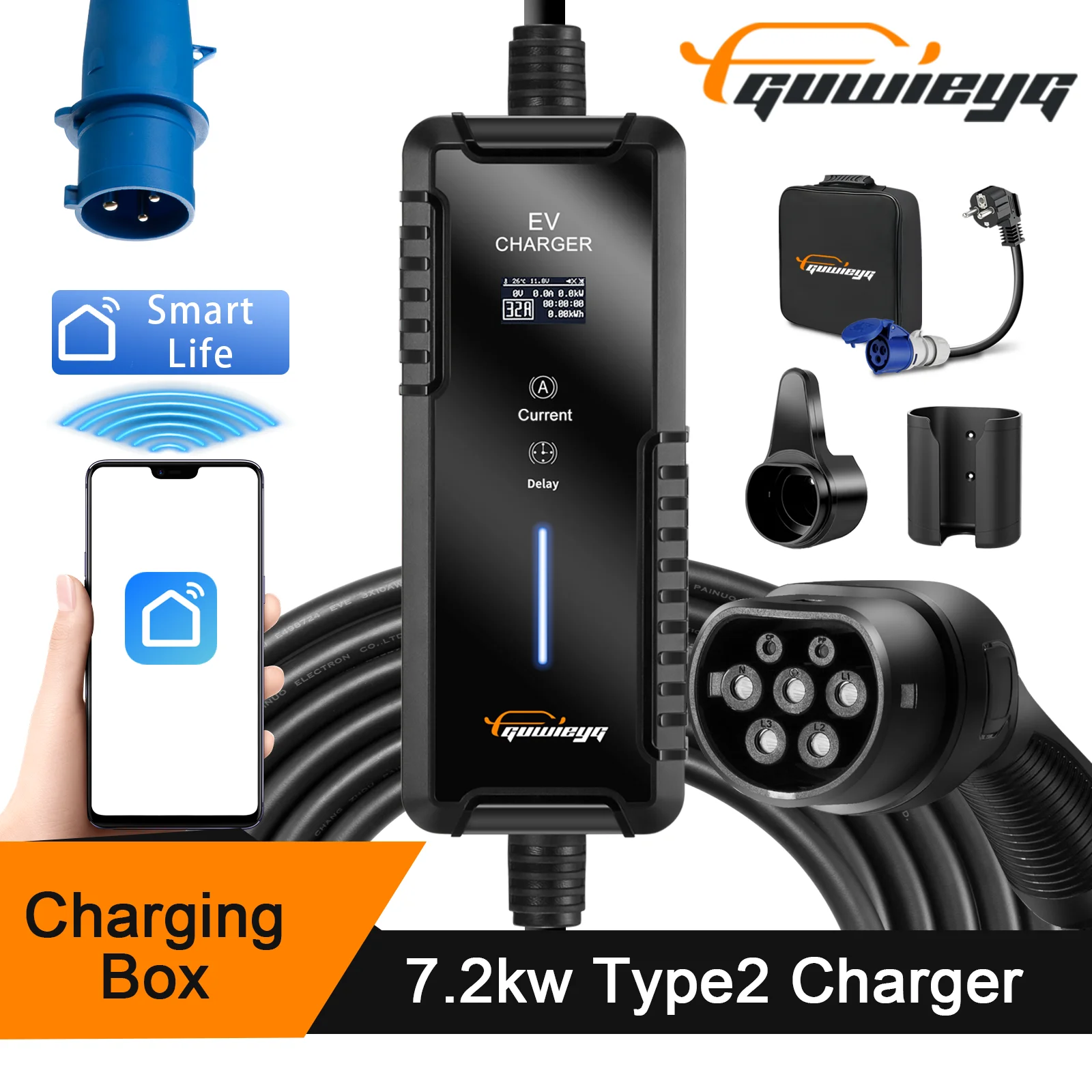 

GUWIEYG Type2 Portable EV Charger 7KW 1Phase Type2 Electric Car Charger EVSE Fast Charging Cable WiFi APP Control