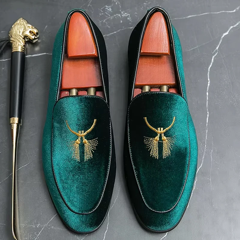 Trendy Men's Velvet Loafers Blue Green Patent Leather
