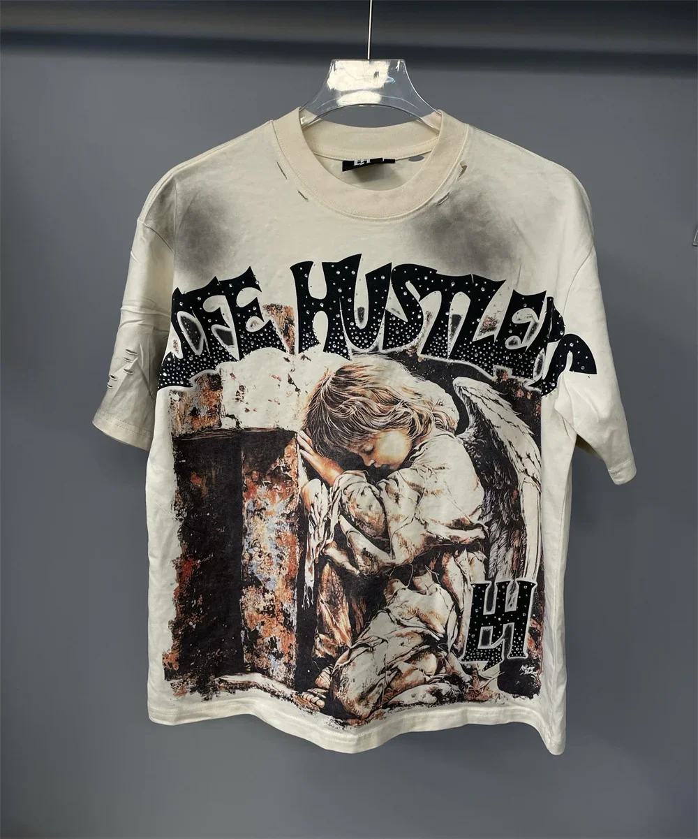 Retro Wash Life Hustlers Splice Letter Rhinestone Skull Print T Shirt Men Woman Fashion Trend Loose Casual Shinning Diamond Tees