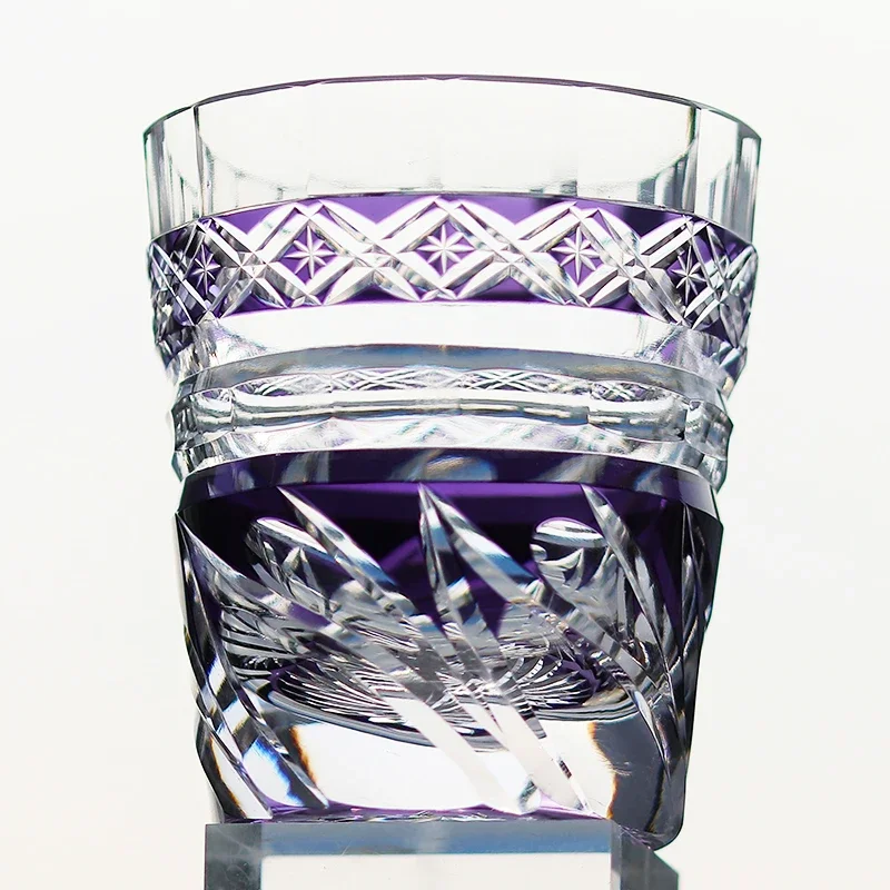 Japanese Edo Kiriko Hand Carved Crystal Whiskey  Wind Valley Pattern Purple Blue Color Overlay Luxury Rocks Glass Bar Drinkwa