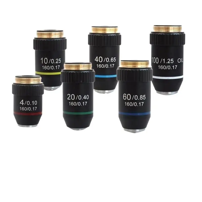 Microscope Objective Lens 195 Black Achromatic 4X 10X 20X 40X 60X 100X for Botanical Specimen Observation Use