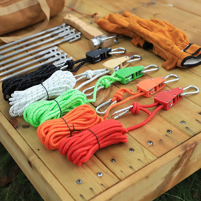 4/5m Camping Rope Tent Adjustable Rope Fastener Fixed Buckle Pulley Tensioner Ratchet Hangers Lights Camping Awning Wind Rope