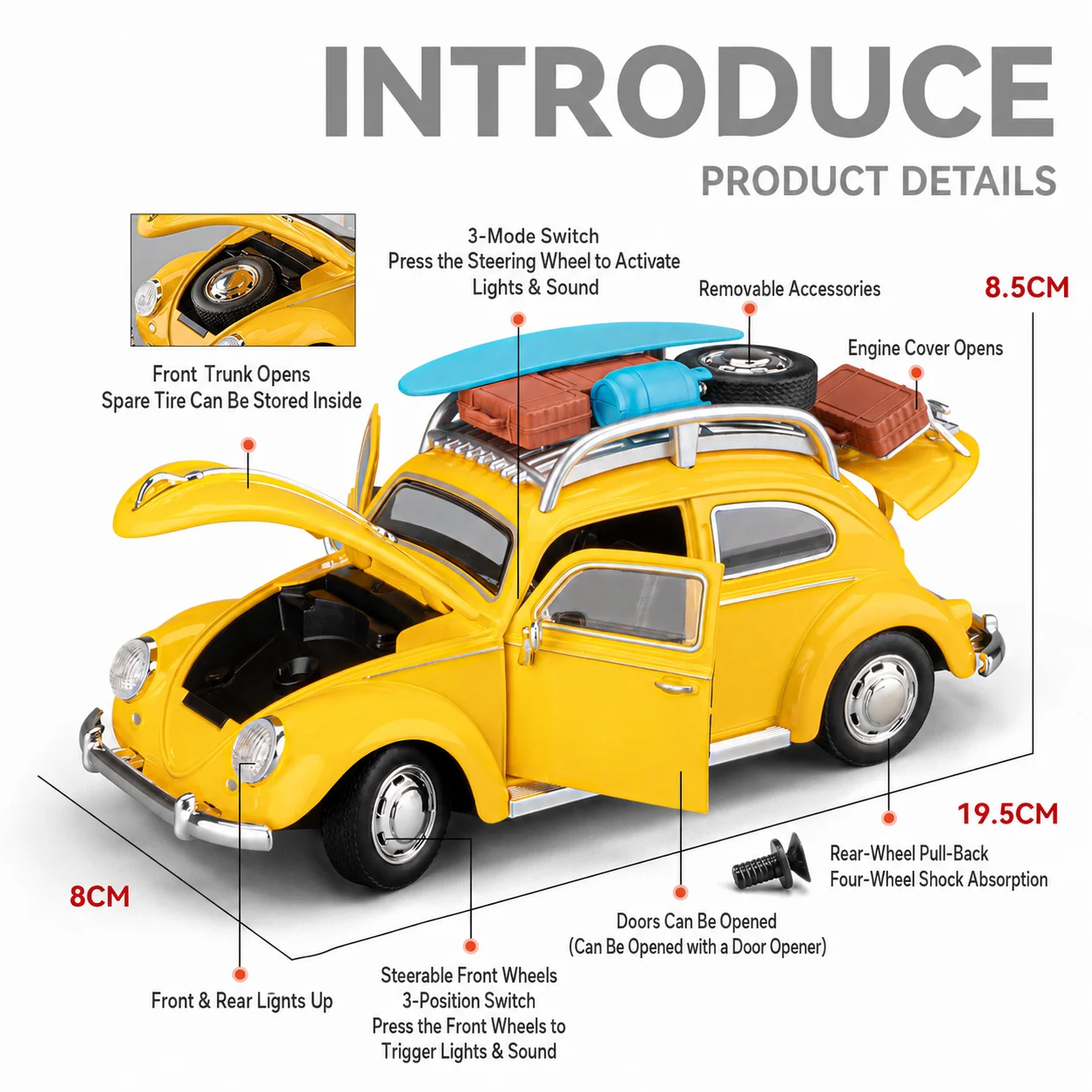 1/24 Volkswagen Classical Beetle Vintage Toy Car Diecast Metal Rally Miniature Sound & Light Gift For Kid Boy Collection