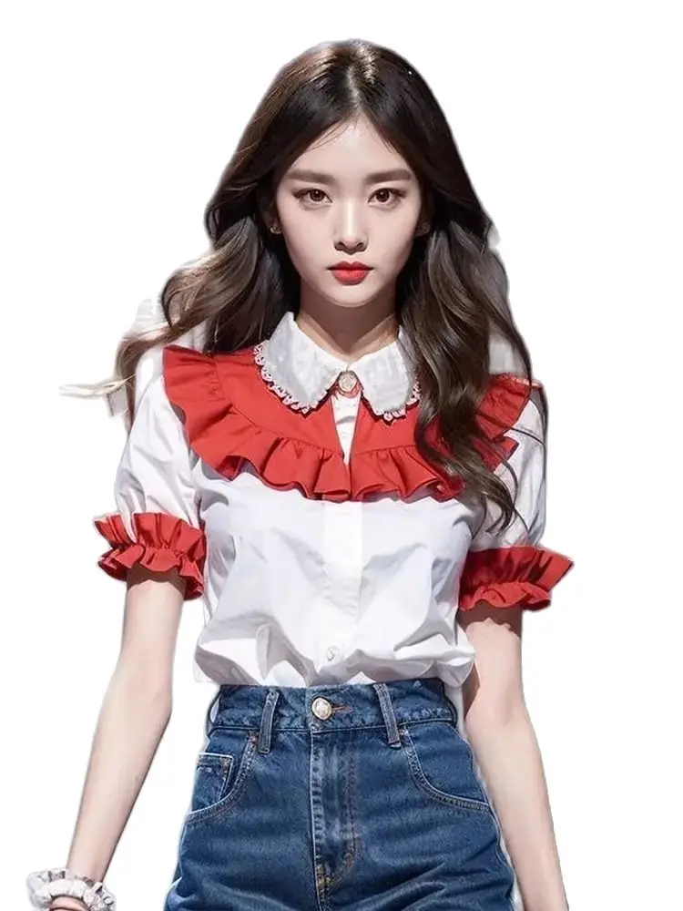 Korea Red White Puff Short Sleeve Top Female Elegant Summer Luxury Vintage Slim Blouse For Women Fashion Peter Pan Collar Shirts